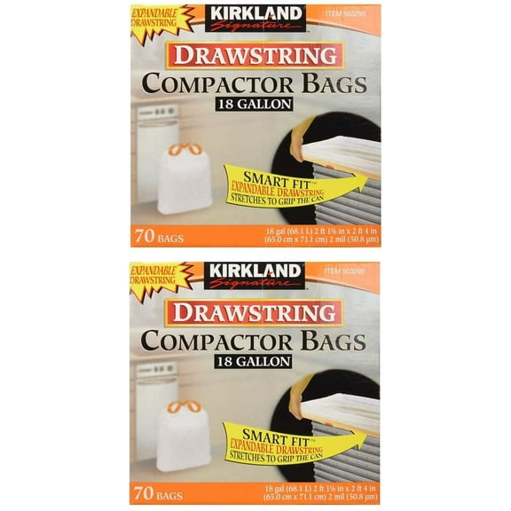 Compactor Bags, 18 Gallon, Smart Fit Gripping Drawstring, 2 Pack (70 Count)