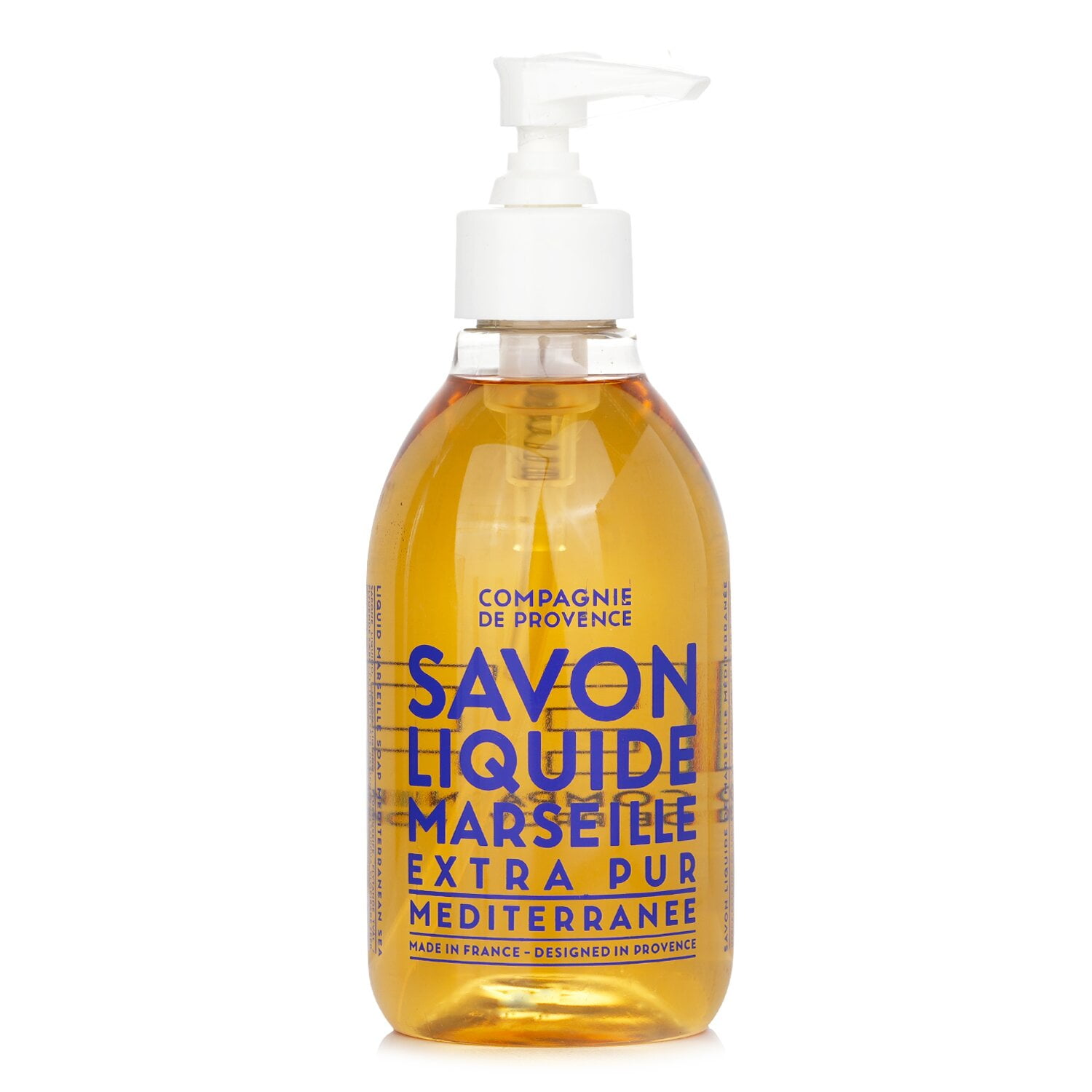 Clear bottle of Mediterranean Sea liquid Marseille soap with blue writing and white pump dispenser