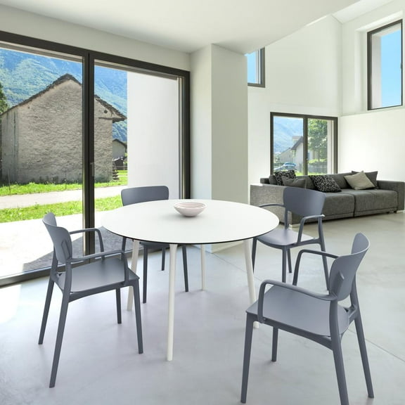 Compamia Lisa Round Dining Set with 47 inch White Table and Dark Gray Armcairs