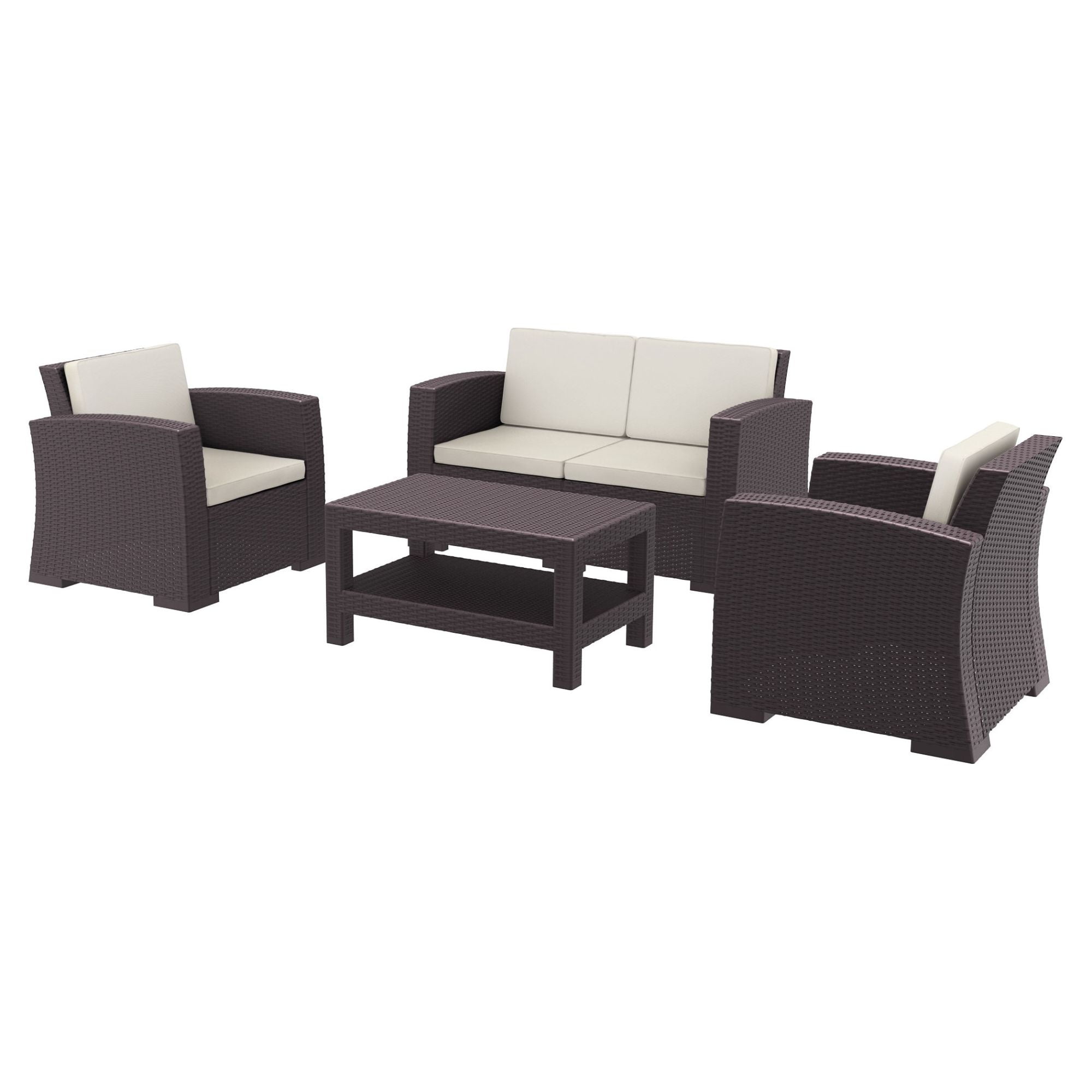 Monaco Mahogany Resin 4-Piece Outdoor Sofa Set with Natural Cushions