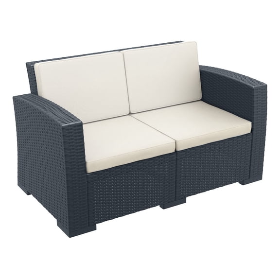 Luxury Commercial Living 55" Gray Outdoor Patio Loveseat with Natural Beige Sunbrella Cushion