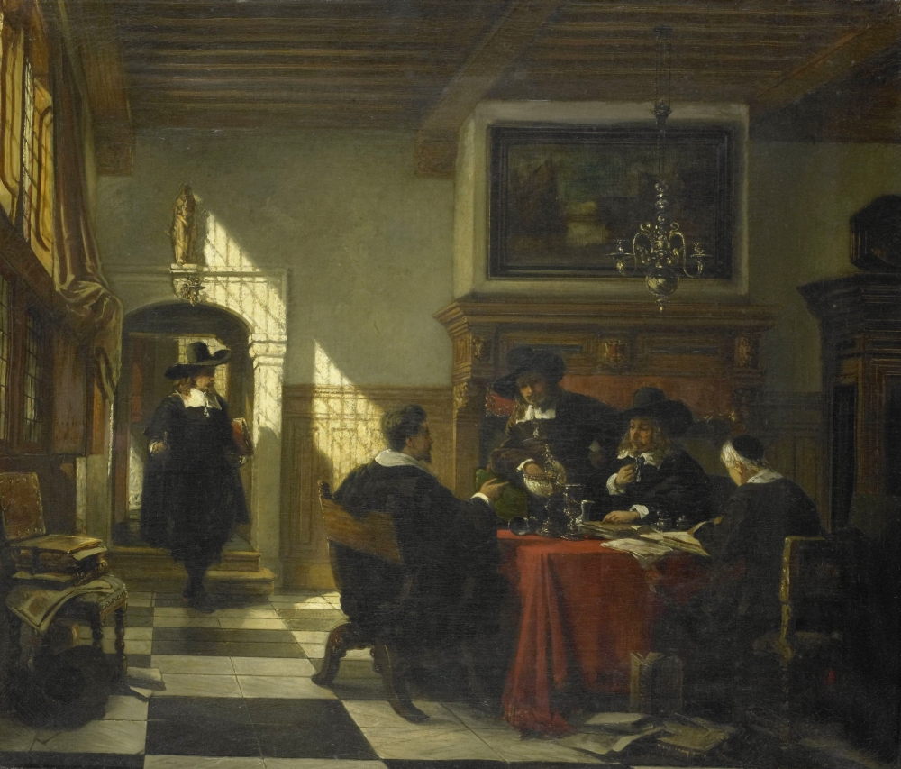 Company In 17Th Garb At A Table With A Nautilus Cup Canvas Art - (24 x 18)