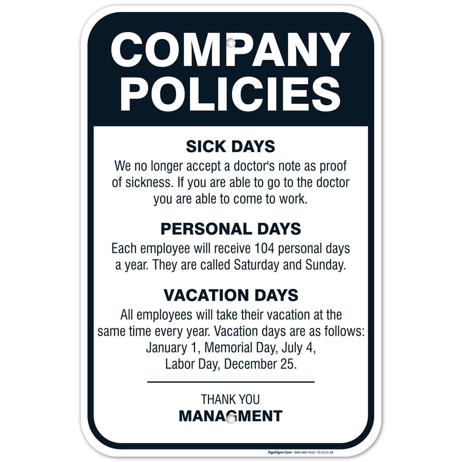 Company Policies Sign, Employees Break Room Decor,