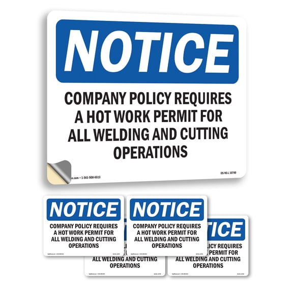 Company Policy Requires A Hot Work Permit OSHA Notice Vinyl Decal Label 7 Inch x 5 Inch - 5 Pack