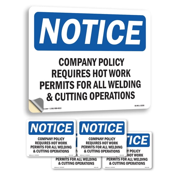 Company Policy Requires Hot Work Permits OSHA Notice Vinyl Decal Label 5 Inch x 3.5 Inch - 5 Pack