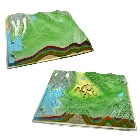 Comparative Terrain Landform Models, 23.5 Inch, Set of 2 - Cross-Sectional, 3 Dimensional - Hand Painted, Full Color - Removable Mountain Forms Overlay - Eisco Labs
