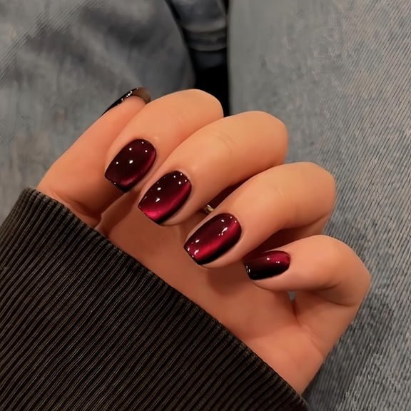  ﻿   Compared to Cat Eye Dark Red Press on Nails Short, Sparkly Chrome Black Fake Nails Press on Short, Reusable Soft Gel Glue on Nails for Women Birthday Party, Small Sizes