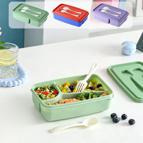 Compartment Plastic Lunch Box with Built-in Spoon and Fork on Lid, Microwave Safe Portable Bento Food Container with Tight Proof Clips, AKLJWH