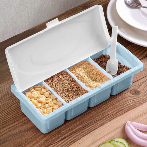 Compartment Spice Box, Flip Lid Seasoning Container with Spoon, Plastic Kitchen Storage Organizer for Snacks and Condiments, Blue, by Zovey