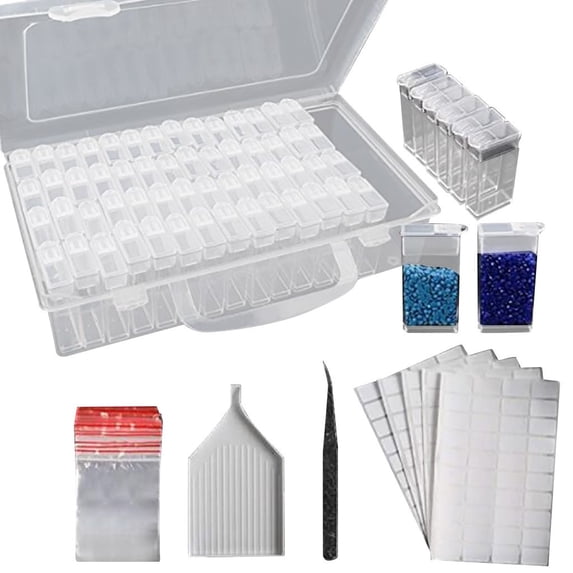 Compartment Storage Box for 5D Diamond Painting - 64 Removable Lidded Compartments | Plastic Organizer Case with Funnel, Tweezers, 200 Stickers | Beads, , Nail Art, Crafts | 8.78"x5"x2.2"