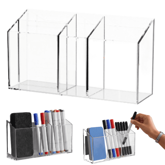 Compartments Clear Acrylic Whiteboard Marker Holder, Adhesive No Drill Wall Mount Dry Erase Marker Eraser Storage Caddy, Wall Hanging Pen Organizer for Classroom Teacher Office Supplies,A