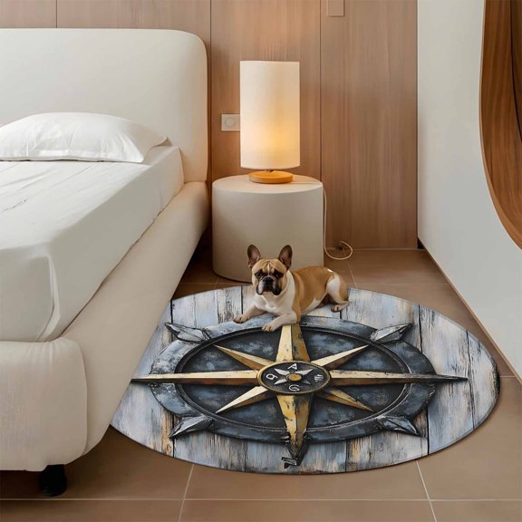 Compass 3ft Round Rug for Bathroom Accent Bedside Corner, Navigation Washable Non Slip Circle Area Rug for Small Spaces