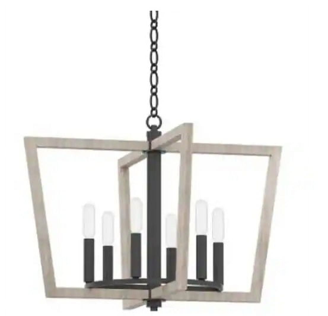 Matte Black and Woodgrain 6-Light Lantern Pendant