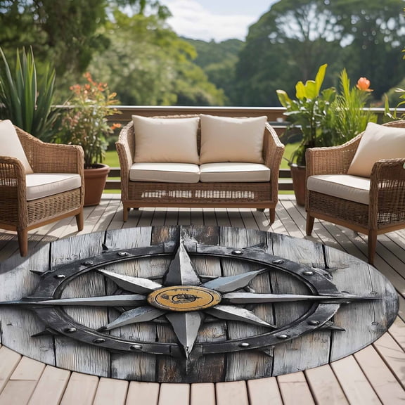 Compass 8ft Round Rug for Open Concept Living Room Seating Zone, Nautical Washable Non Slip Large Circle Area Rug