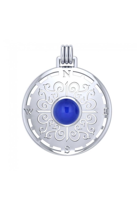 Compass 925 Sterling Silver Pendant Sailor Nautical Sea Jewelry Created Sapphire