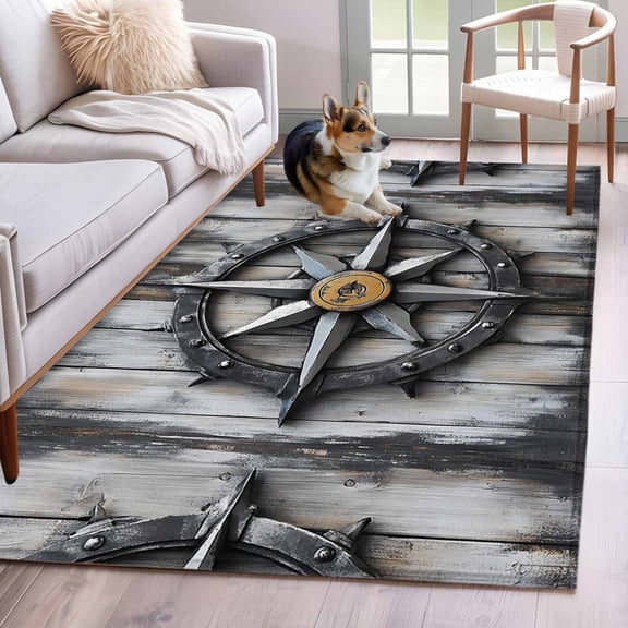 Compass Area Rugs 4x6 ft Nautical Wood Grain Washable Rug Non Slip Indoor Carpet Absorbent Floor Mat for Living Room Bedroom Dining Room