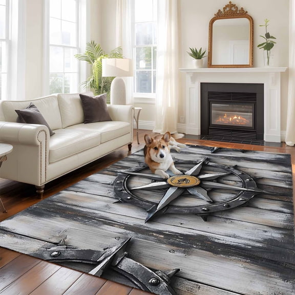 Compass Area Rugs 5x7 ft Nautical Wood Grain Washable Rug Non Slip Indoor Carpet Absorbent Floor Mat for Living Room Bedroom Dining Room