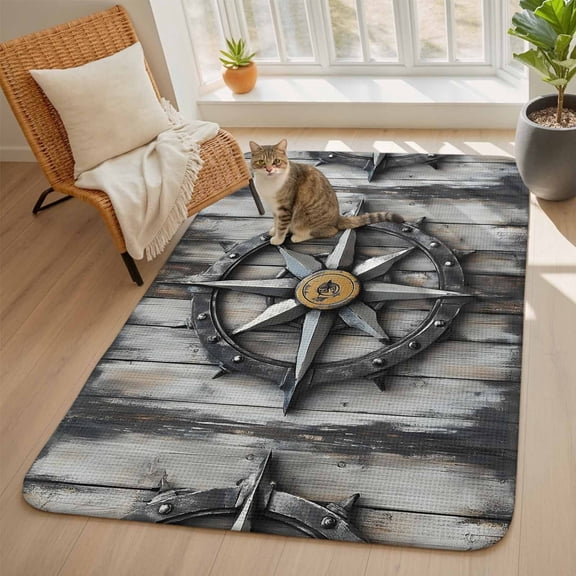 Compass Area Rugs for Living Room 5x6, Nautical Wood Grain Washable Area Rug with Non Slip Backing, Stain Resist Linen Carpet for Bedroom, Dining Room, Entryway, Entrance