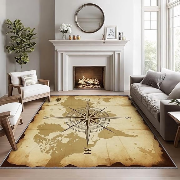 Compass Area Rugs for Living Room, Vintage Nautical Rug, Rustic Sailing Map Rug for Living Room, Coastal Maritime Washable Bedroom Carpet, Ocean Compass Home Decor & Gifts 2 x 3ft