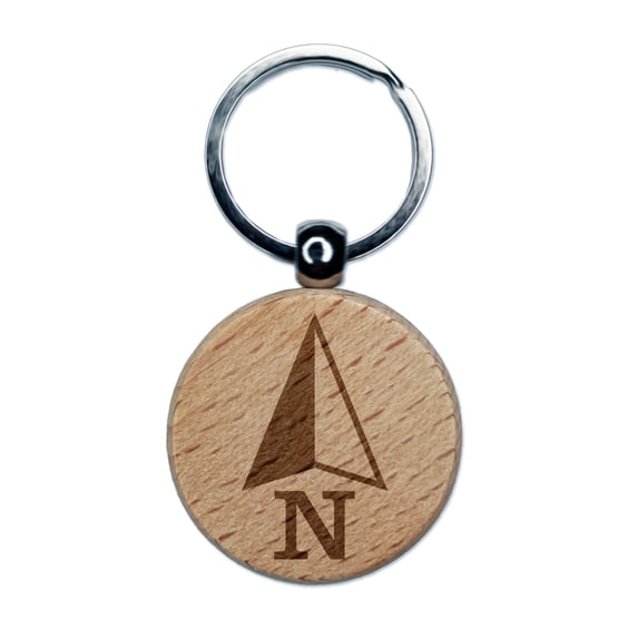 Compass Arrow Direction Due North Round Keychain Charm Tag - Engraved Wood