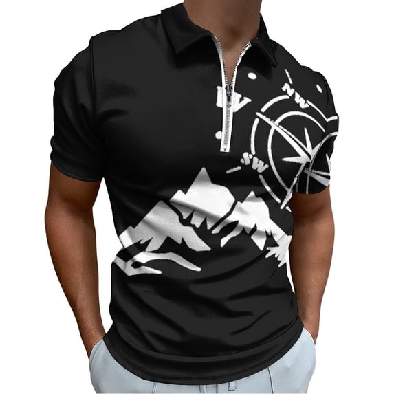Compass Camping Hiking Mountains Men Zipper T-shirt Summer Casual Short Sleeve T-shirt Top