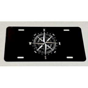Compass Car Tag License Plate Diamond Etched Engraved Front Vanity Black Aluminum Metal Weatherproof & Rustproof