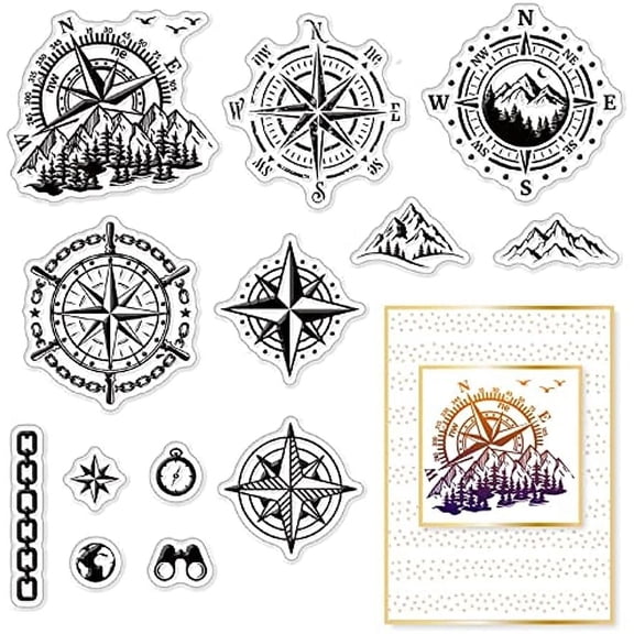 Compass Clear Stamps Compass Mountain Outdoor Scenery Transparent Silicone Stamp Rubber Stamp for Scrapbooking Birthday Photo Album Thanksgiving Card Making 4.3 x 6.3 x 0.1 Inch