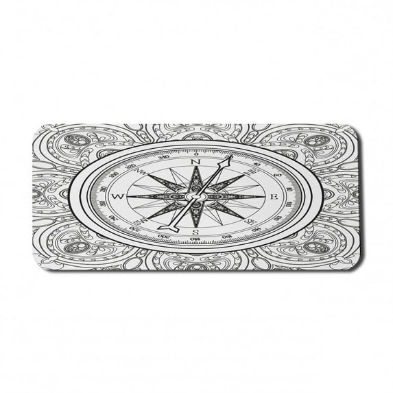 Compass Computer Mouse Pad, Hand Drawn Windrose in Line Art Style Nautical Illustration Coloring Book Design, Rectangle Non-Slip Rubber Mousepad X-Large, 35" x 15", Black White, by Ambesonne