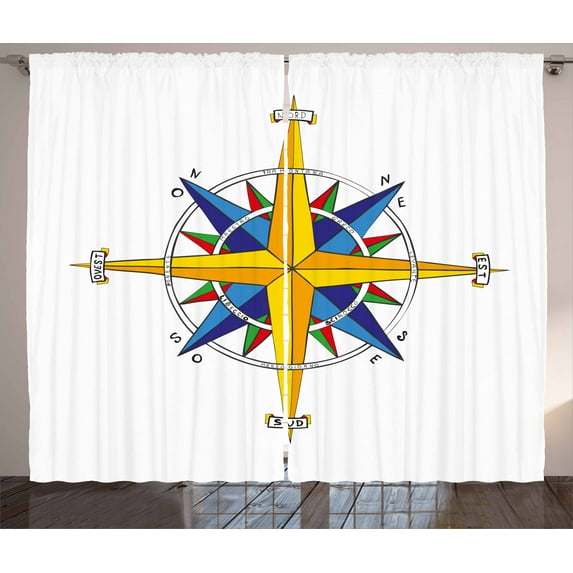 Ambesonne Compass Curtains 2 Panel Set, Colorful Marine Life, 108" x 84", Yellow Night Blue