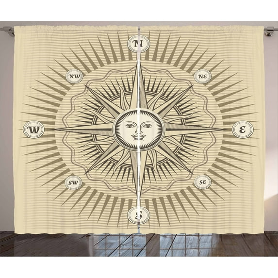Ambesonne Compass Curtains 2 Panel Set, Vintage Windrose, 108" x 90", Beige and Dark Taupe
