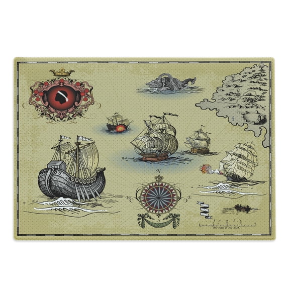 Compass Cutting Board, Antique Old Plan Discovery Ship Pirate Wave Compass Navigation Geography Theme, Decorative Tempered Glass Cutting and Serving Board, Large Size, Beige Red Grey, by Ambesonne