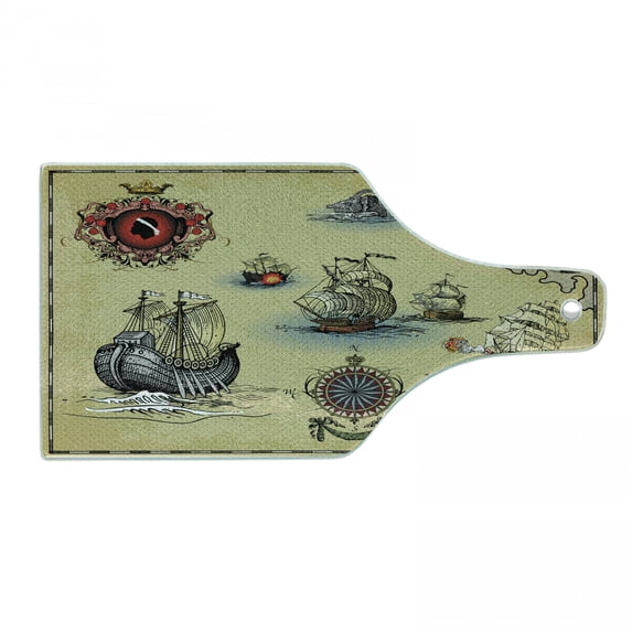 Compass Cutting Board, Antique Old Plan Discovery Ship Pirate Wave Compass Navigation Geography Theme, Tempered Glass Cutting and Serving Board, Wine Bottle Shape, Beige Red Grey, by Ambesonne