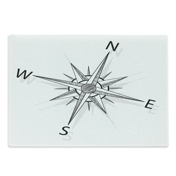 Compass Cutting Board, Black and White Compass for Finding Your Way on the Sea Marine Life Exploration, Decorative Tempered Glass Cutting and Serving Board, Large Size, Black White, by Ambesonne
