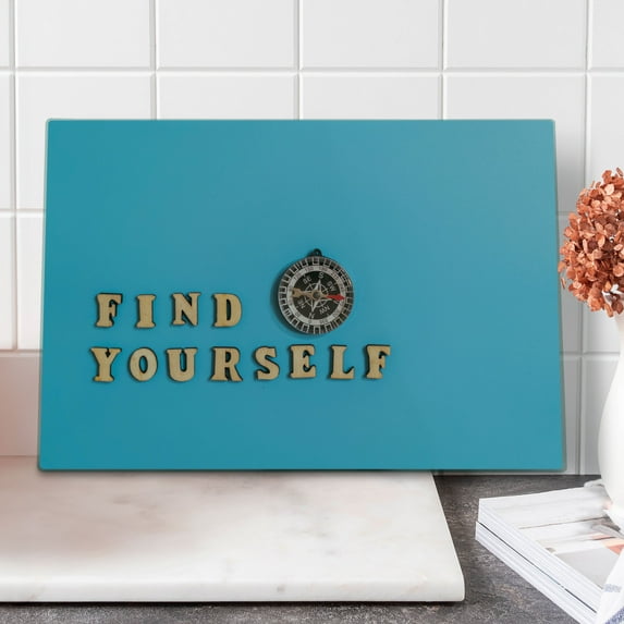 Compass Cutting Board, Find Yourself Typography with Old Retro Navigate Tool Image, Decorative Tempered Glass Cutting and Serving Board, in 3 Sizes, by Ambesonne