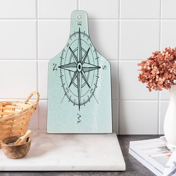 Compass Cutting Board, Hand Drawn Compass Windrose North and South East West Directions Black and White, Tempered Glass Cutting and Serving Board, Wine Bottle Shape, Black White, by Ambesonne