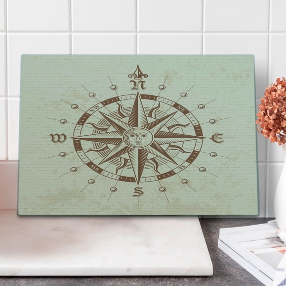 Compass Cutting Board, Old Compass Rose a Sun Face Lady on It Instrument Distances Between Points Graphic, Decorative Tempered Glass Cutting and Serving Board, Large Size, Tan Brown, by Ambesonne