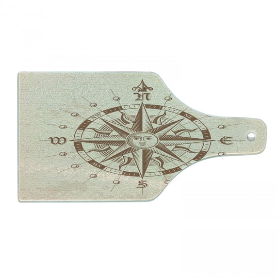 Compass Cutting Board, Old Compass Rose a Sun Face Lady on It Instrument Distances Between Points Graphic, Tempered Glass Cutting and Serving Board, Wine Bottle Shape, Tan Brown, by Ambesonne