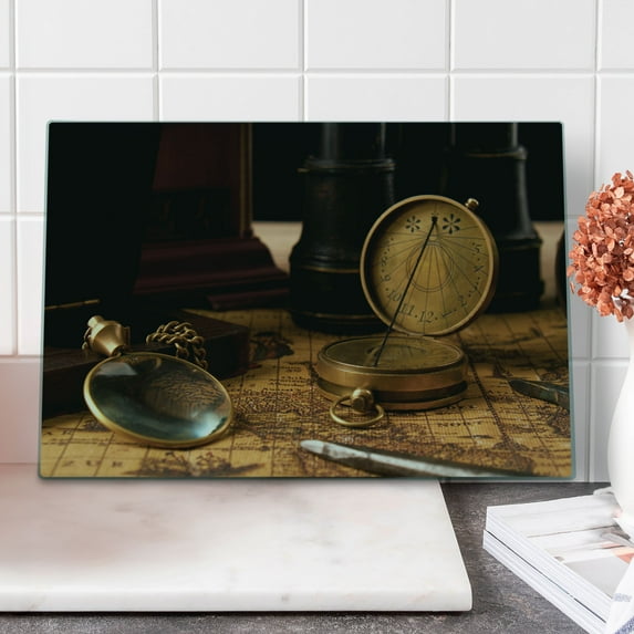 Compass Cutting Board, Photography with Vintage Geography Exploring the World Tools and Map, Decorative Tempered Glass Cutting and Serving Board, in 3 Sizes, by Ambesonne