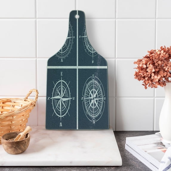 Compass Cutting Board, White Compasses Navy Blue Background Navigation Sailing Themed Art, Decorative Tempered Glass Cutting and Serving Board, Wine Bottle Shape, Navy Blue and White, by Ambesonne