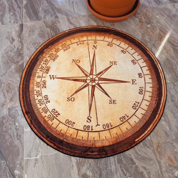 Compass Design Round Area Rug, modern maritime circle carpet for bedroom, hallway or study, soft washable non-slip floor mat, luxury ocean-themed home décor for sailors