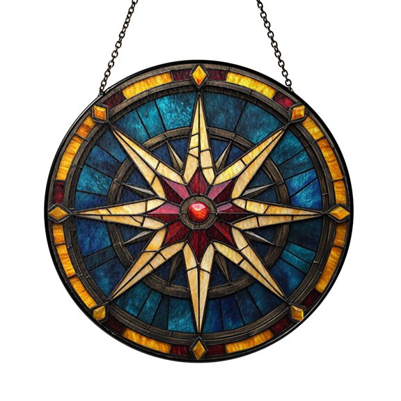 Compass Direction Symbol Stained Glass Style Window Hanging Suncatcher, Meaningful Travel Inspired Home Decor Gift