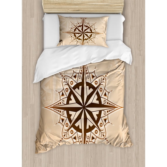 Compass Duvet Cover Set, Abstract Navigation Sailing Method Navigation Theme Print, Decorative 2 Piece Bedding Set with 1 Pillow Shams, Twin Size, Brown Pale Brown, by Ambesonne