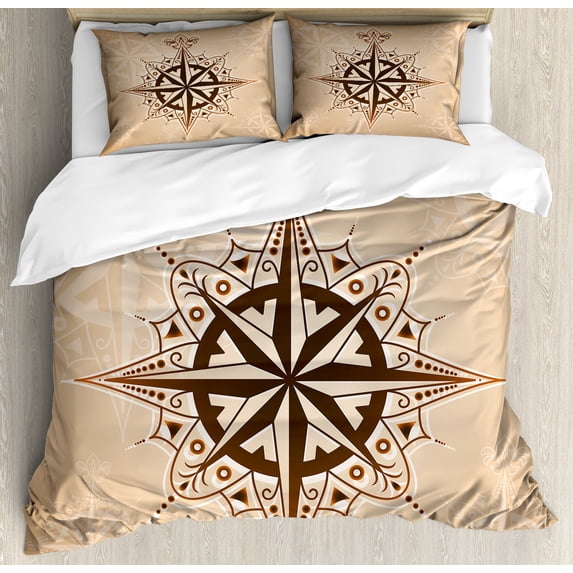 Compass Duvet Cover Set, Abstract Navigation Sailing Method Navigation Theme Print, Decorative 3 Piece Bedding Set with 2 Pillow Shams, Queen Size, Brown Pale Brown, by Ambesonne