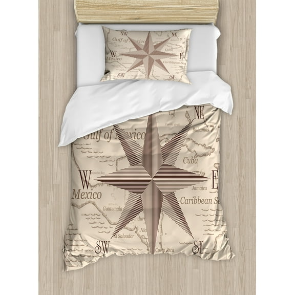 Compass Duvet Cover Set, Central American Map Caribbeans Background Windrose Design Gulf of Mexico Cuba, Decorative 2 Piece Bedding Set with 1 Pillow Shams, Twin Size, Lilac Plum, by Ambesonne