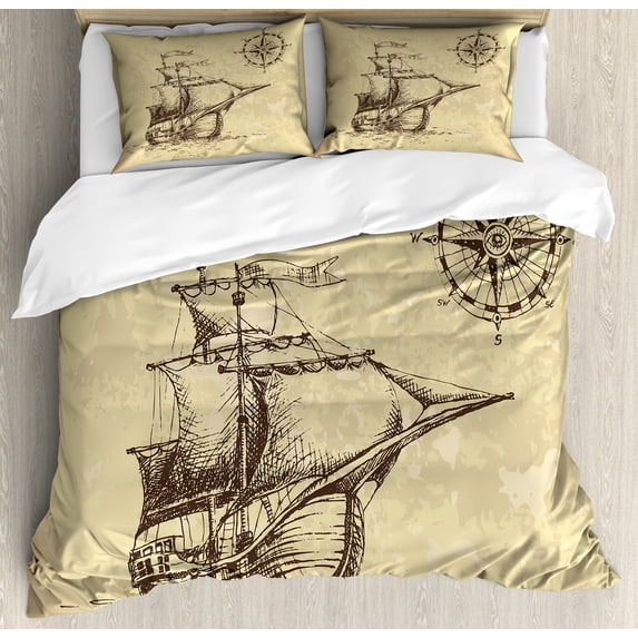 Compass Duvet Cover Set, Hand Drawn Old Paper Style Background Ship Flags Journey Navigation, Decorative 3 Piece Bedding Set with 2 Pillow Shams, Queen Size, Brown Sand Brown, by Ambesonne