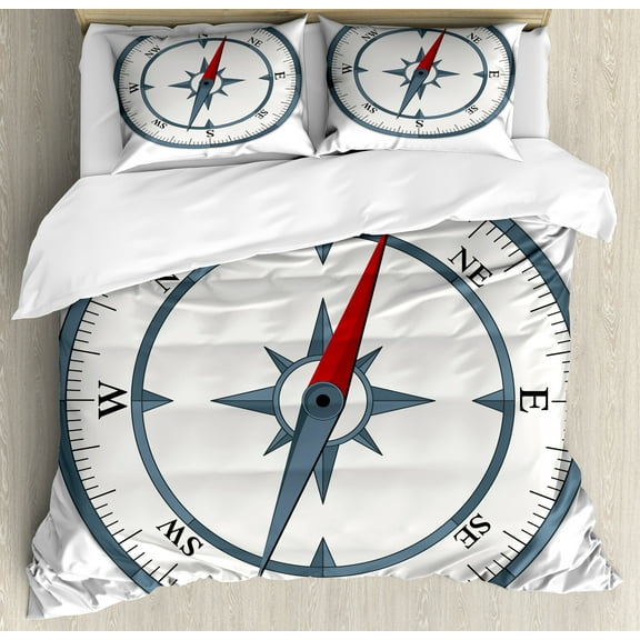 Compass Duvet Cover Set, Minimalist Design Compass with Windrose Finding Your Way on the Sea Navigation, Decorative 3 Piece Bedding Set with 2 Pillow Shams, Calking Size, Slate Blue Red, by Ambesonne