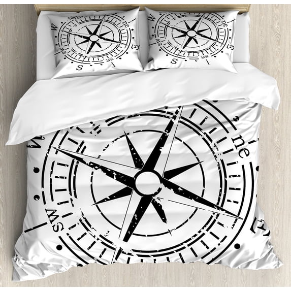 Compass Duvet Cover Set, Monochrome Windrose Simplistic Design Direction Navigation Prehistoric, Decorative 3 Piece Bedding Set with 2 Pillow Shams, King Size, Charcoal Grey and White, by Ambesonne