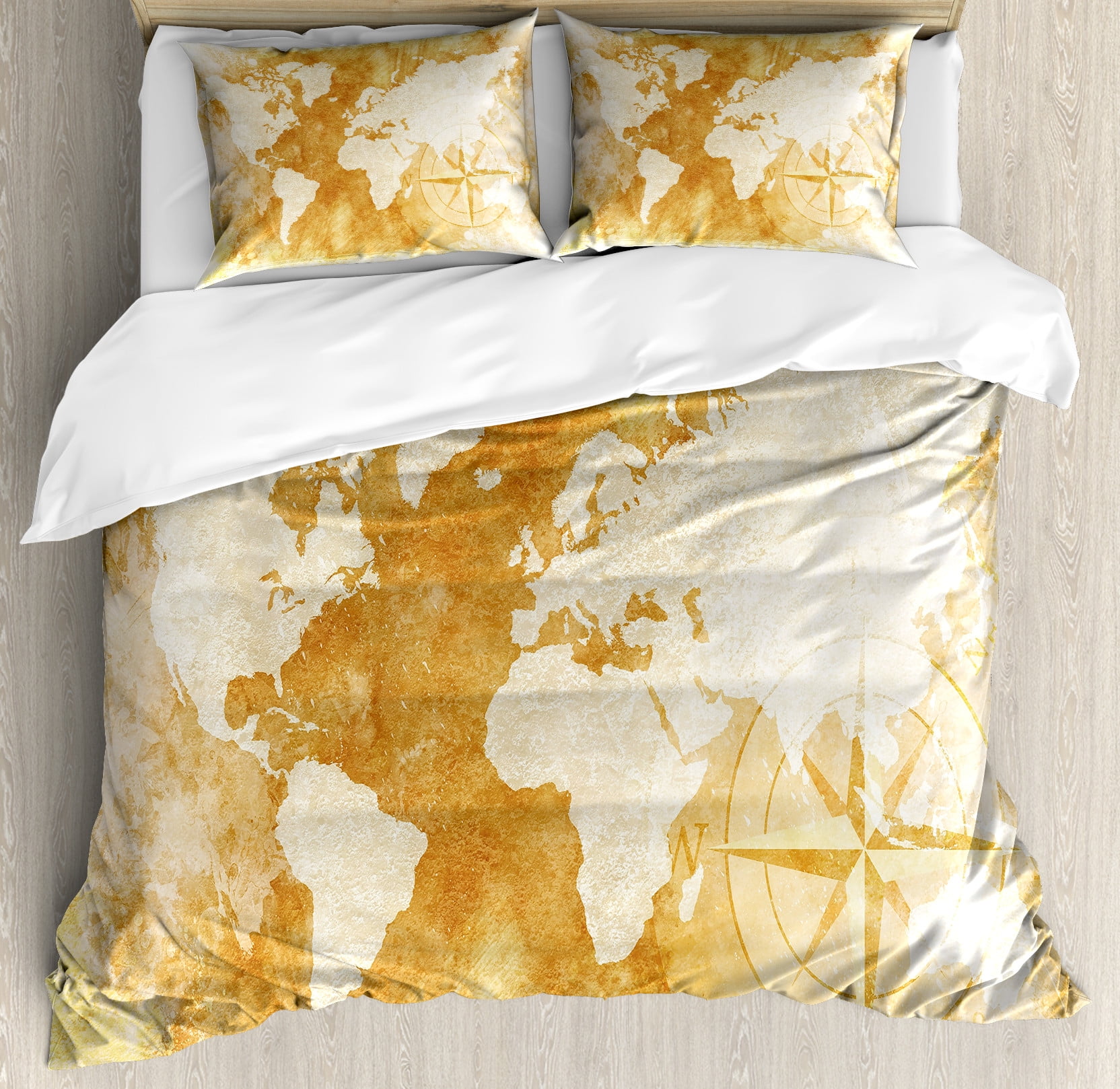 Cream Tan World Map Queen Duvet Cover Set