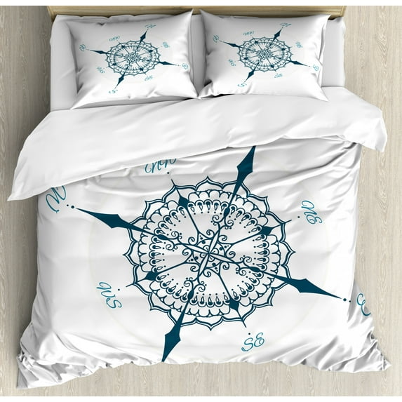 Compass Duvet Cover Set Queen Size, Hand Drawn Compass with Floral Arrangement Design Compass Boating Theme Print, Decorative 3 Piece Bedding Set with 2 Pillow Shams, Cream Dark Green, by Ambesonne