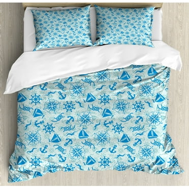 Compass Duvet Cover Set Queen Size, Various Nautical Icons with Seagulls Anchor Sailor Knot and Helm Sailor Theme, Decorative 3 Piece Bedding Set with 2 Pillow Shams, Mint Green Blue, by Ambesonne